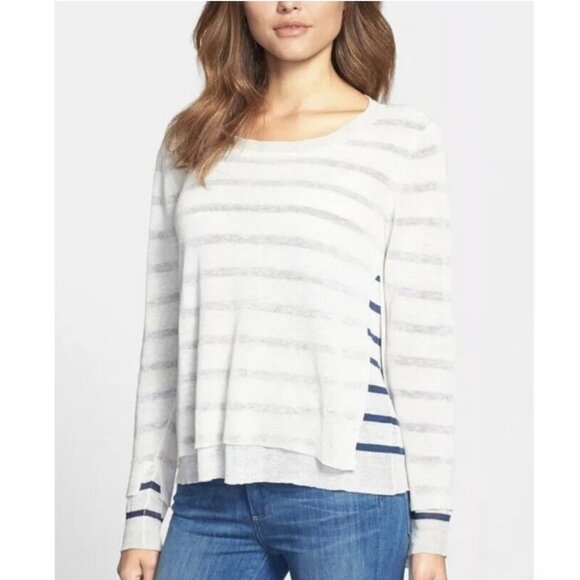 Eileen Fisher Linen Blend Layered Asymmetrical Hem Striped Sweater - Picture 2 of 9